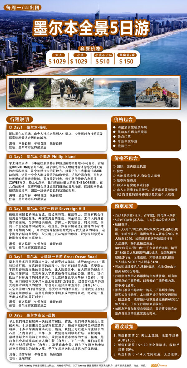 【中文团】墨尔本5日游 Mandarin Tour - Melbourne 5 Days Tour